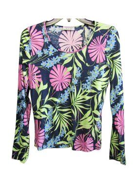 Averardo Bessi Floral Scoop Neck Top Womens Size US 6 Navy Pink Green Long Slv